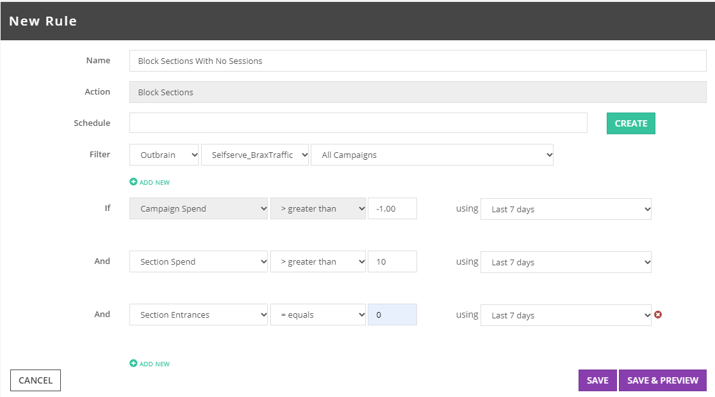 Block Sections with No Sessions rule