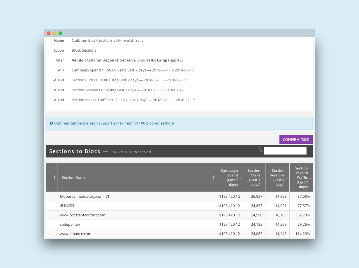 outbrain block sections invalid traffic preview