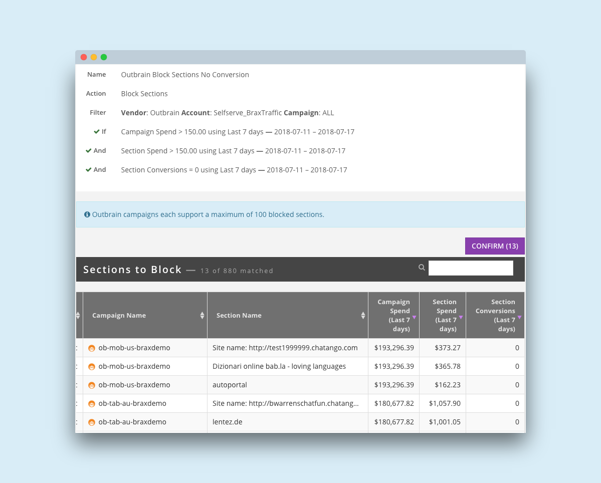 outbrain block sections no conversions rule preview