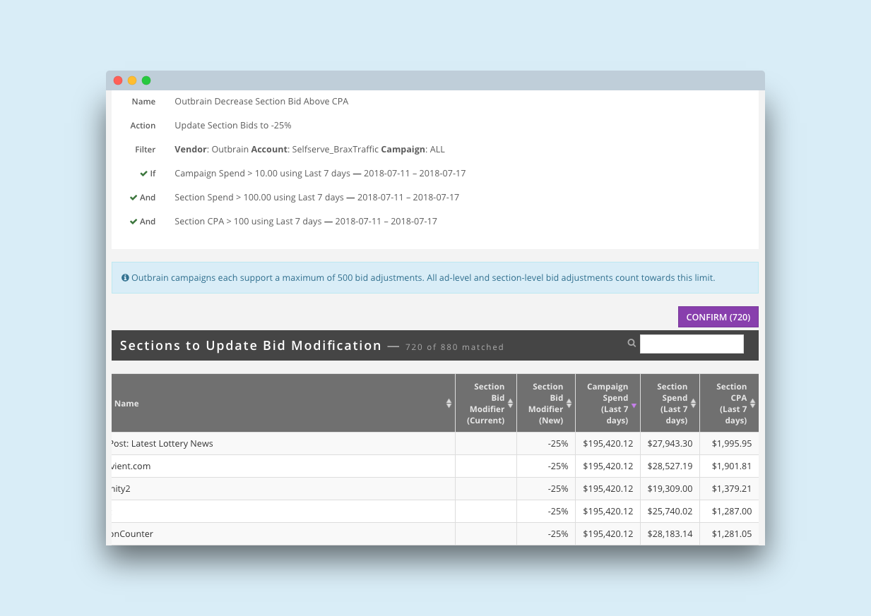 outbrain decrease section bids above cpa preview